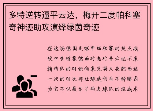 多特逆转逼平云达，梅开二度帕科塞奇神迹助攻演绎绿茵奇迹
