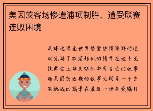 美因茨客场惨遭浦项制胜，遭受联赛连败困境